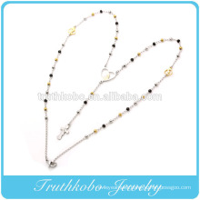 China Manufacturer Model Stainless Steel two tone 3mm rosary Chain the Virgin Mary heart shape Pendant and cross necklace